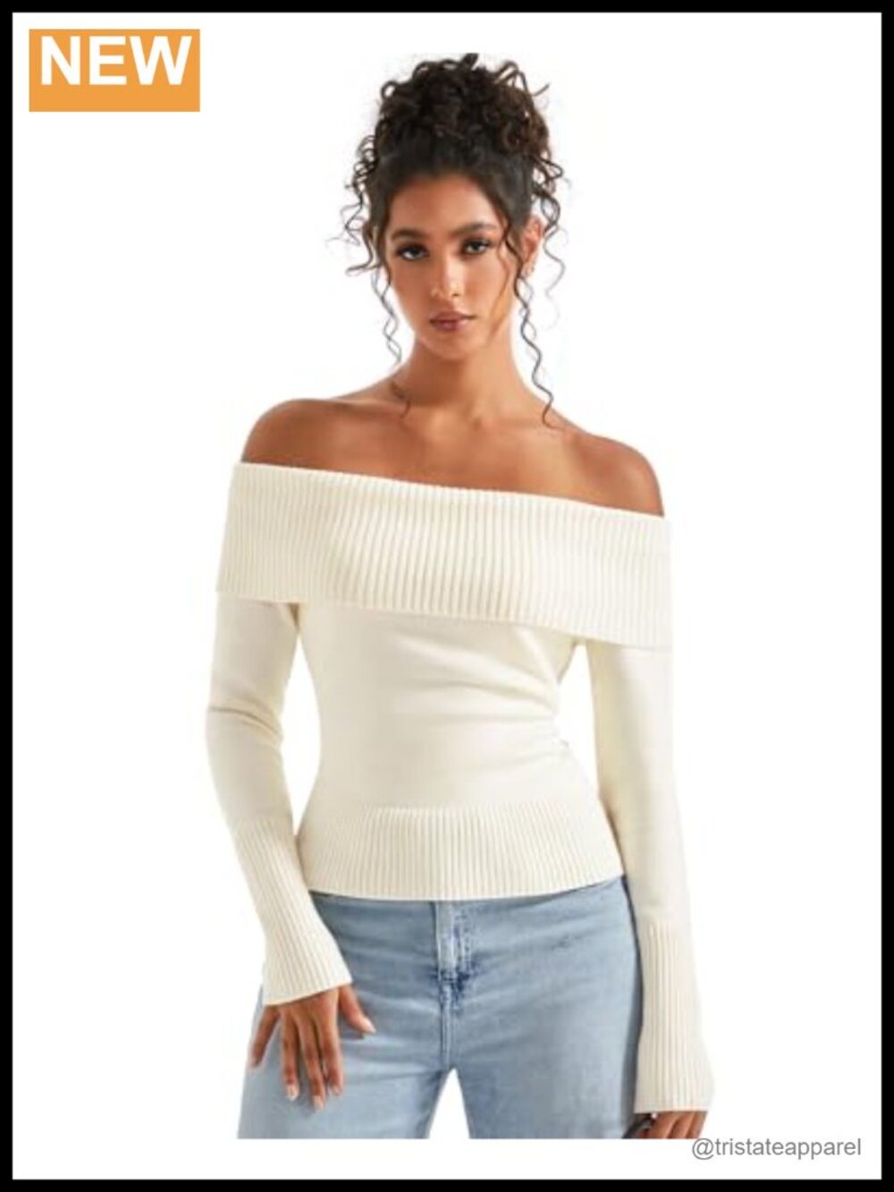 Off Shoulder Ribbed Knit Long Sleeve Pullover Sweater